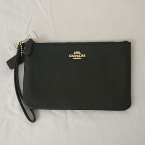 Coach Black Leather Wristlet with Gold Details